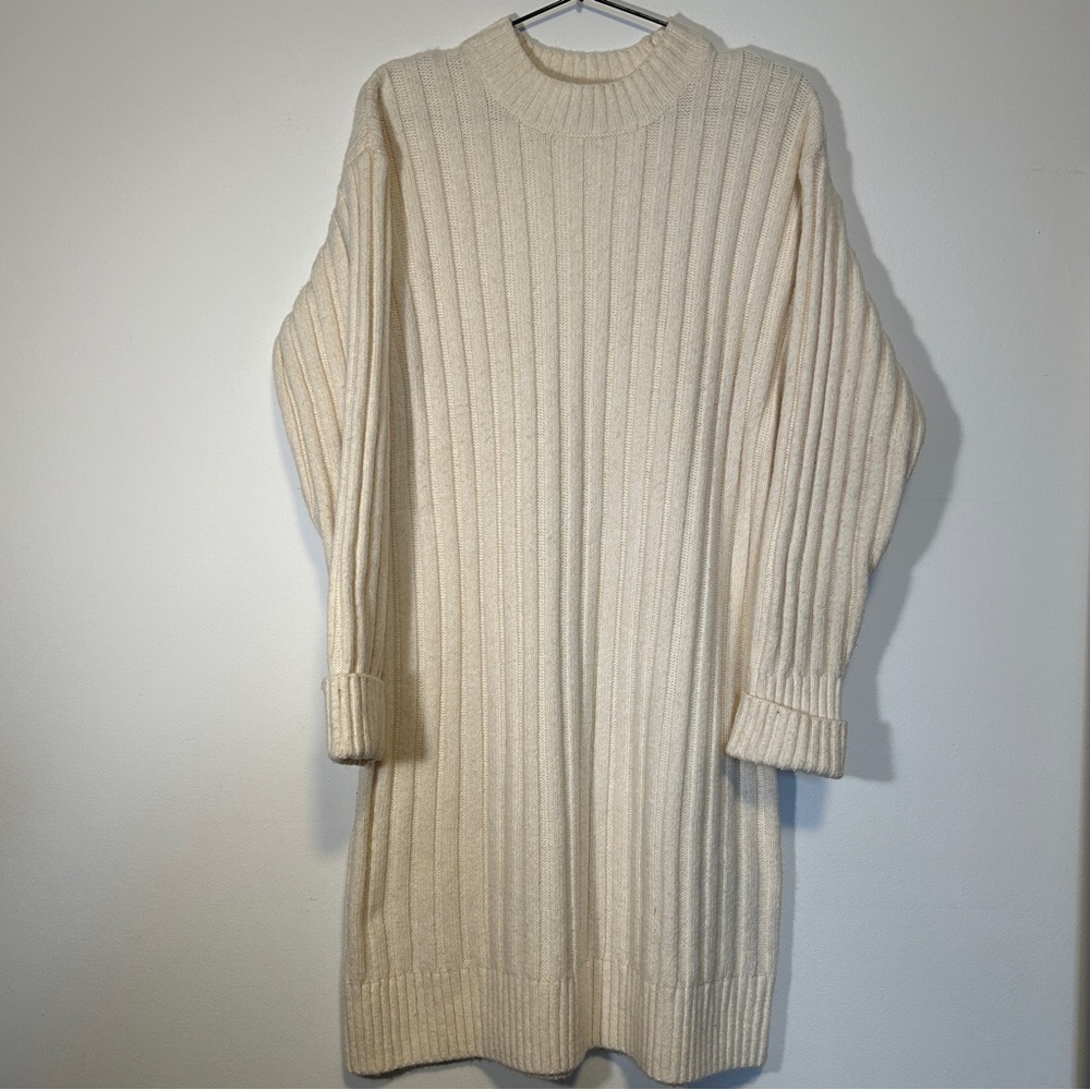 H&M Cream Ribbed Turtleneck Sweater Dress Wool Blend